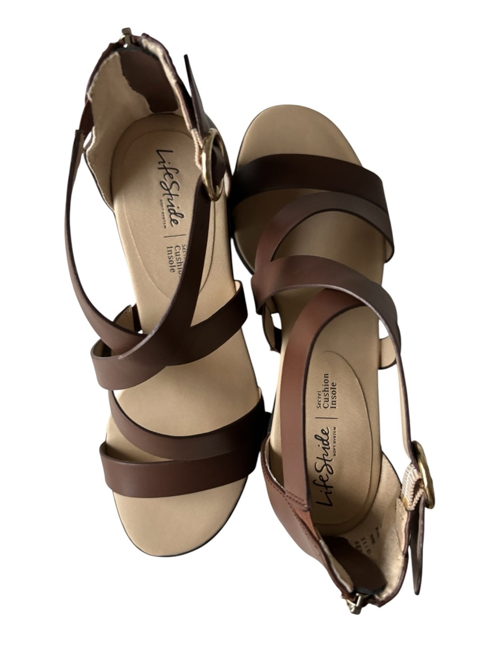 Life Stride Brown Strappy Block Heel Sandals with Gold Buckle 8 1/2 W - Picture 9 of 14